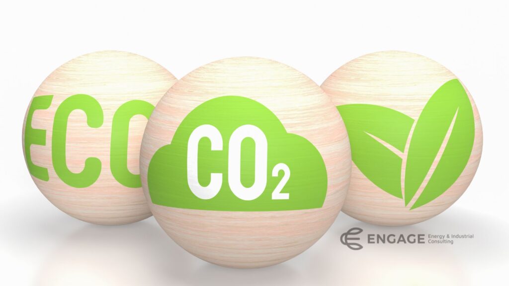 Three wooden spheres with with word "ECO" on first, "CO2" on second and green leaves on third.  Engage logo bottom right.