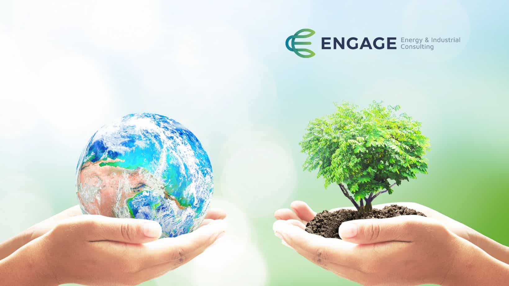 person holding the world in their hands on the left and a tree growing in hands on the right. Representing ESG Initiatives. Engage logo top right.
