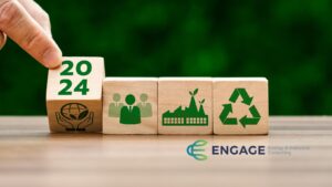 Why Is an ESG Strategy So Important? Wooden blocks with components of ESG Strategy and the Engage Logo