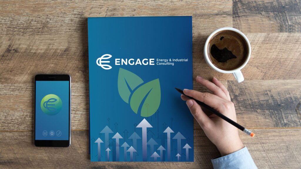 Engage Energy & Industrial Consulting Plan shown on phone and on folder with person holding pencil 