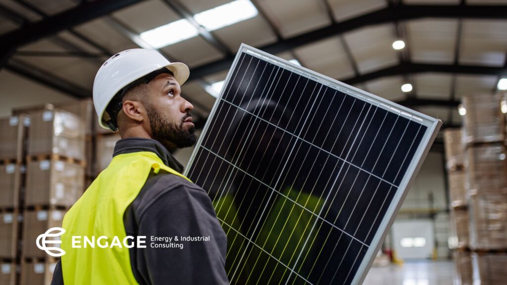 Worker holding a solar panel representing a green initiative in a big manufacturing warehouse. 