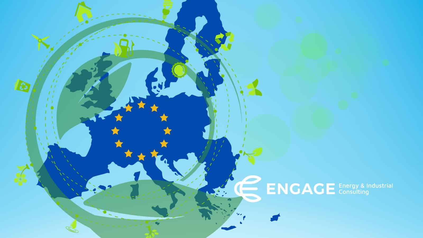 Europe shown in blue with the EU flag and EU ESG Reporting represented in green symbols around it.