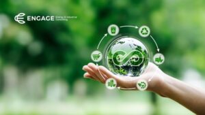 Person holding a glass globe with icons demonstrating a circular economy