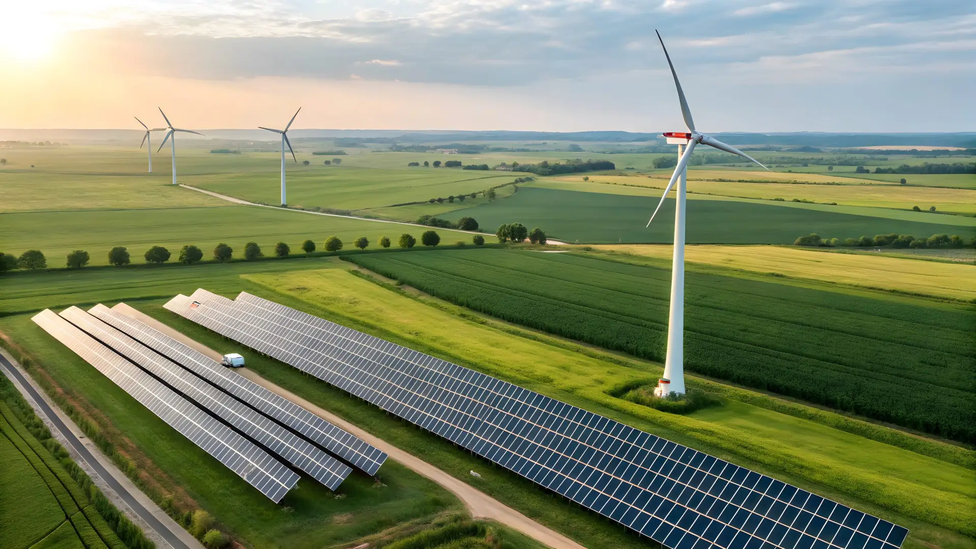 Hybrid energy field with wind turbines and solar panels, showcasing Engage Advisors' role in driving diversified sustainable energy solutions.